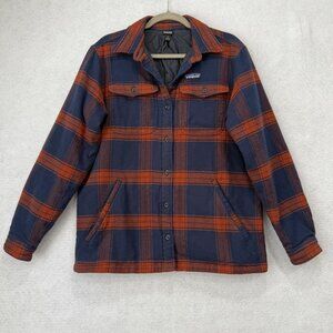 Patagonia Jacket Mens Medium Blue Orange Plaid Flannel Shirt Quilted Lined Warm